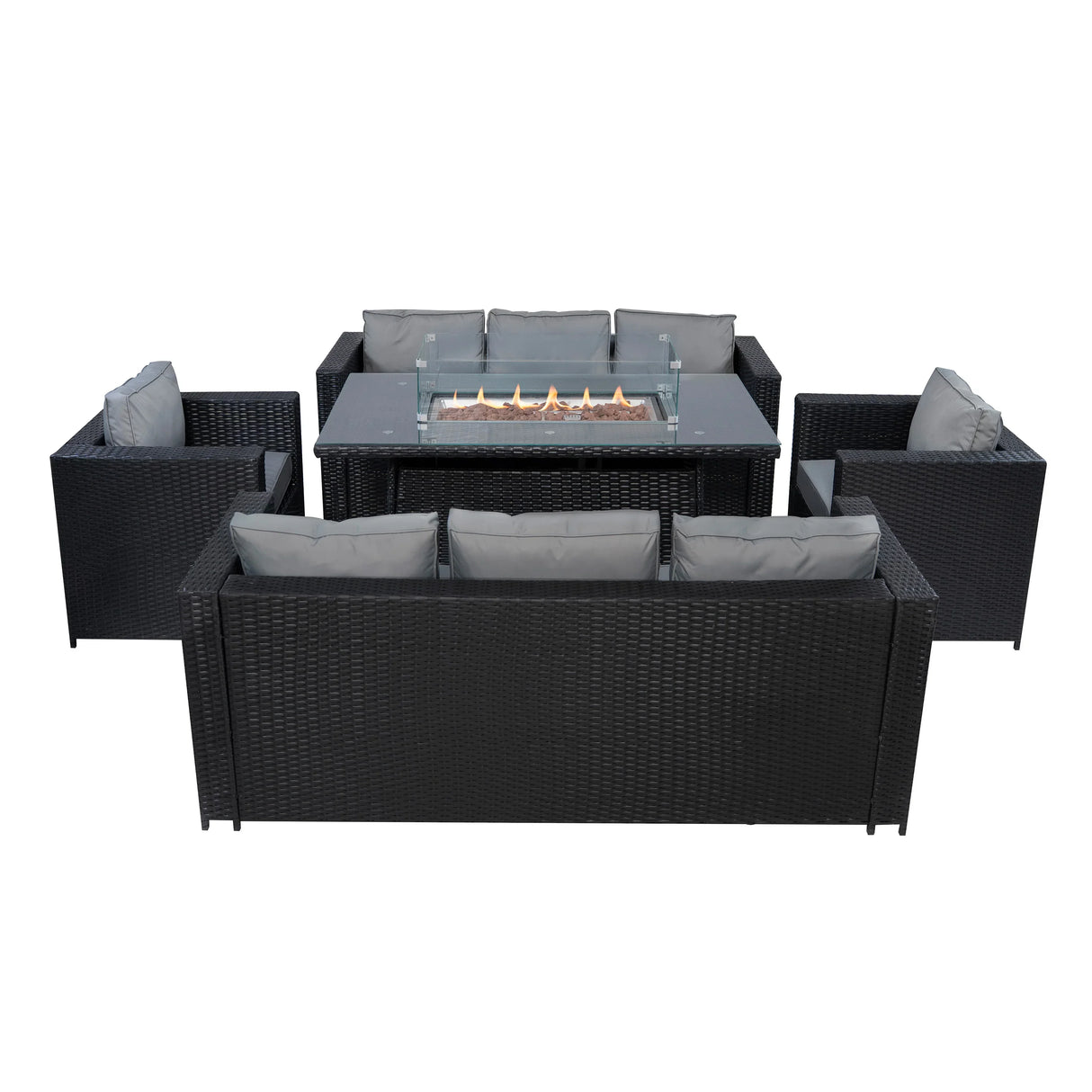 8 Seater Rattan Furniture Set With Firepit – Black