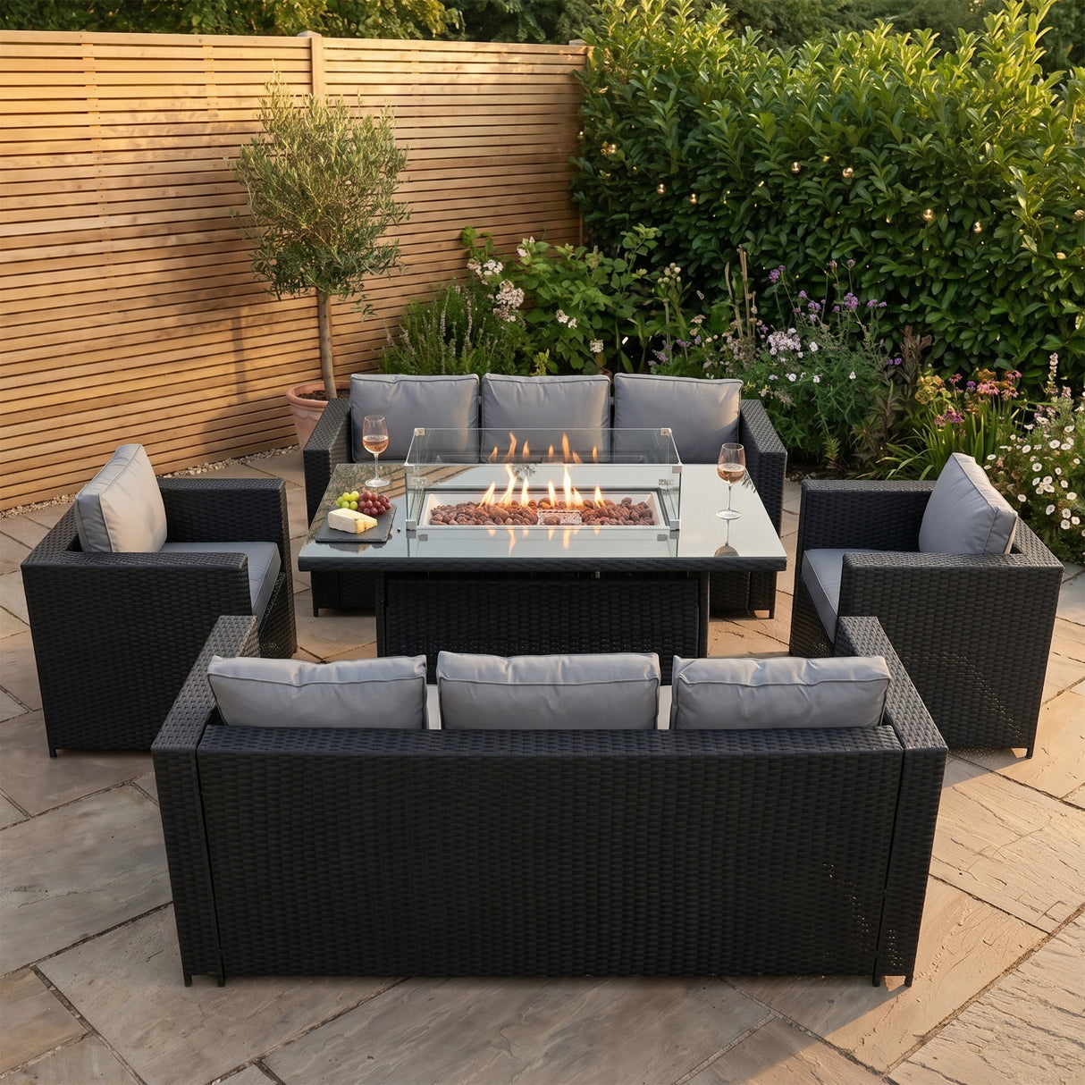 8 Seater Rattan Furniture Set With Firepit – Black