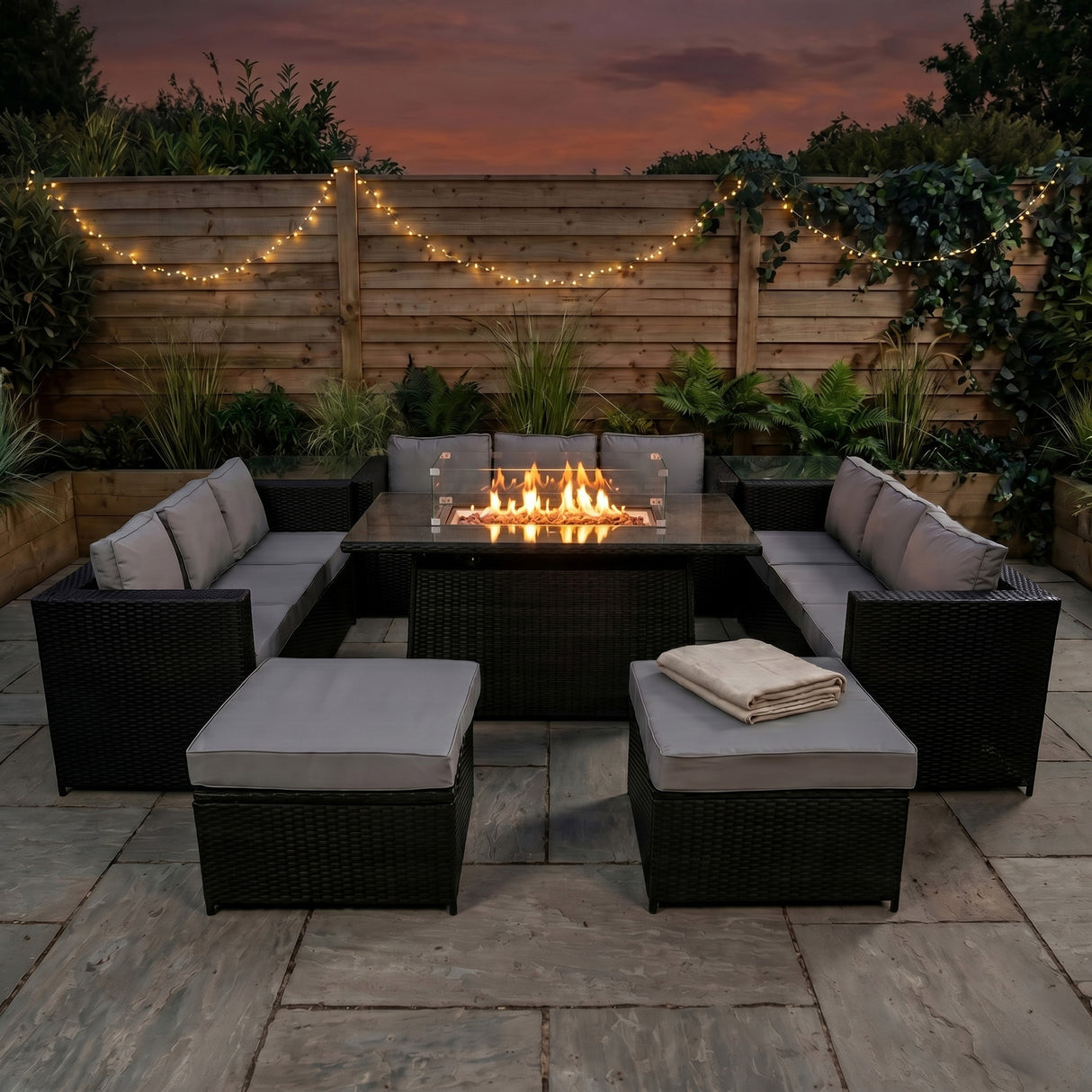 11 Seater Rattan Furniture Set With Firepit – Black