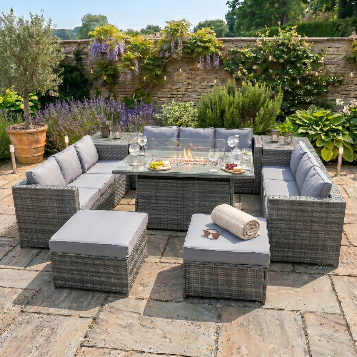 11 Seater Rattan Furniture Set With Firepit – Grey