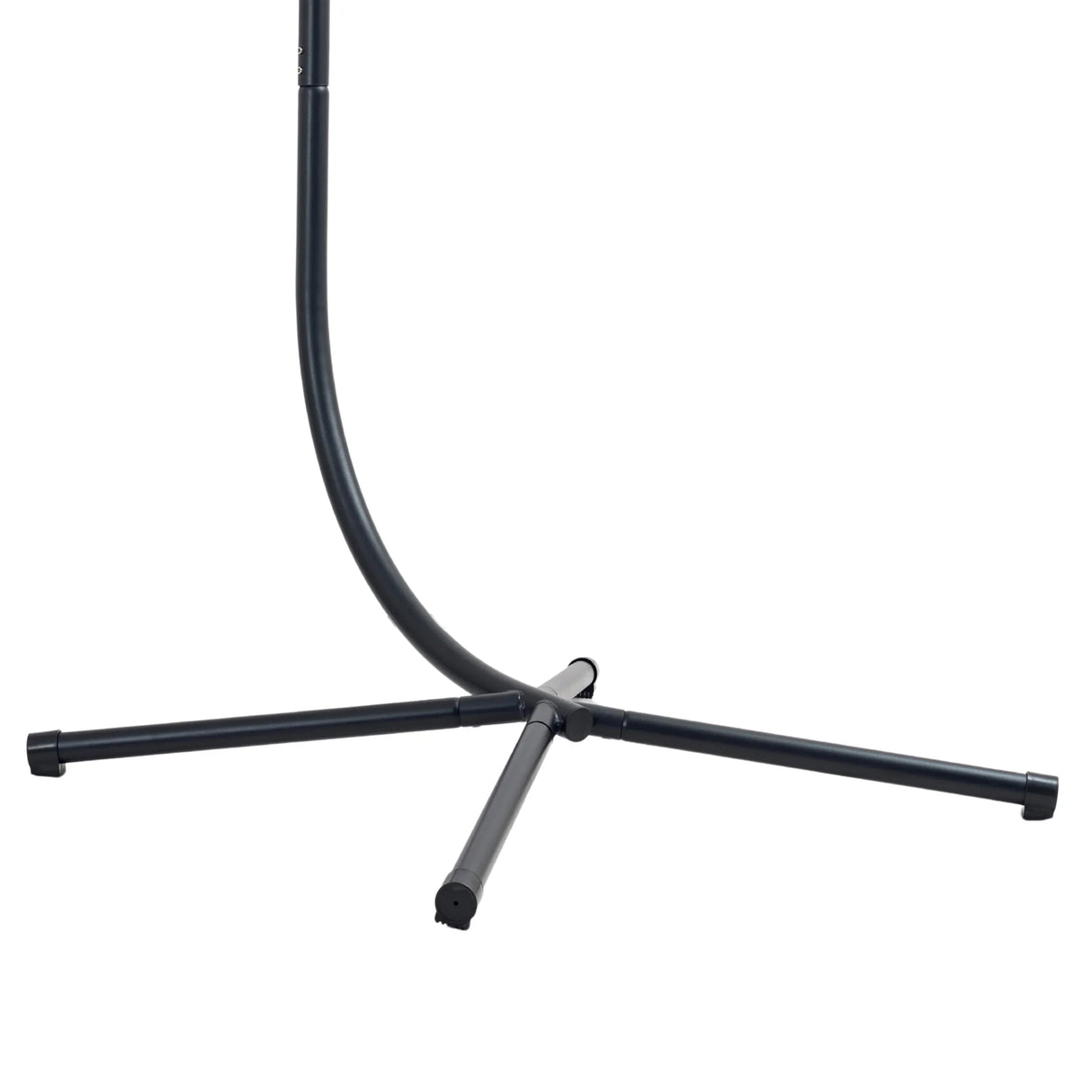 Curved black metal stand supporting a rattan hanging egg chair, featuring a woven texture and a sleek, modern design