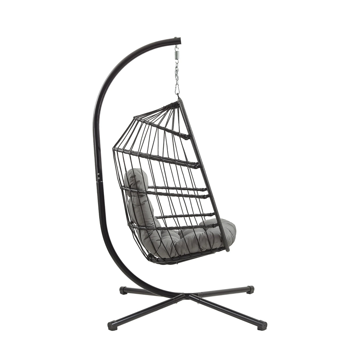 Stylish black rattan hanging egg chair with a curved metal stand and plush gray cushion, perfect for indoor or outdoor relaxation
