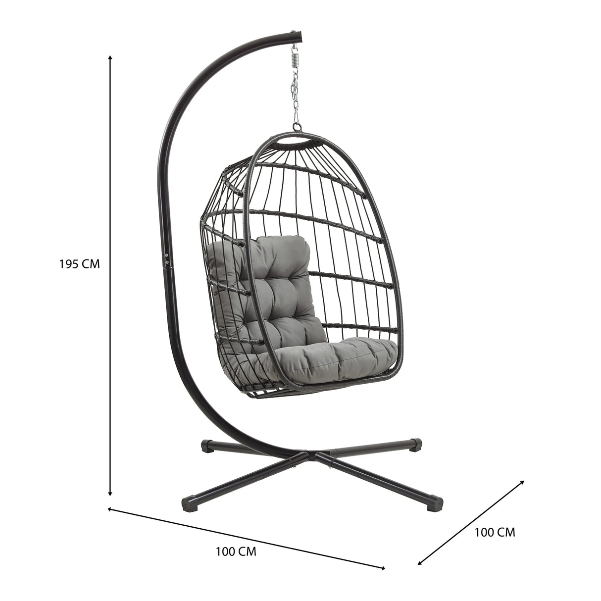 Stylish black rattan hanging egg chair with plush gray cushions, featuring a sturdy metal stand and modern design for indoor or outdoor use