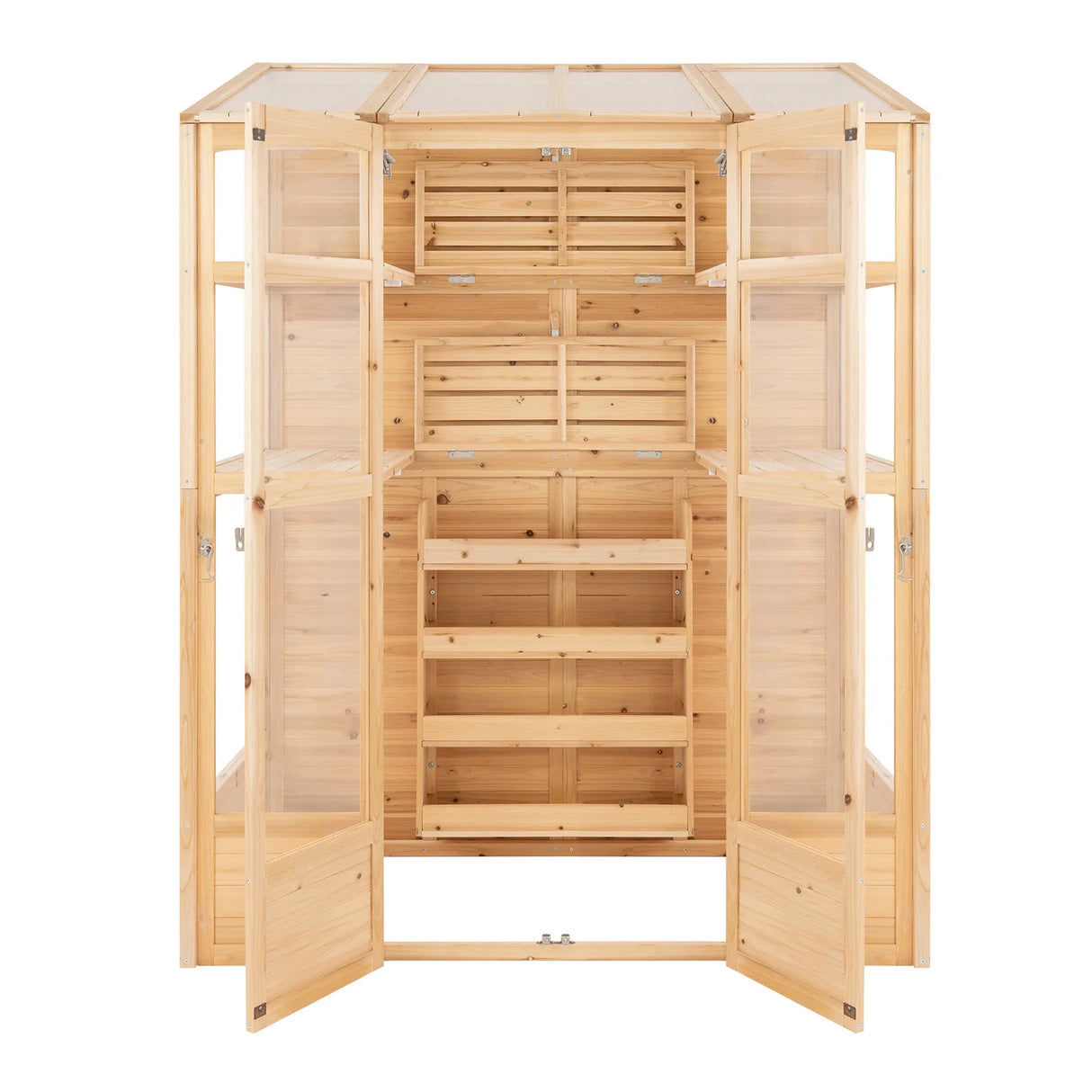 Victorian greenhouse in natural wood, featuring multiple shelves and glass panels, ideal for showcasing plants and flowers