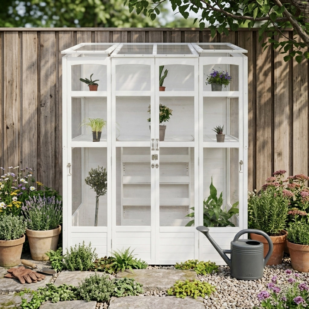 Victorian-style white greenhouse with glass panels, surrounded by colorful flowers and plants, set against a wooden fence