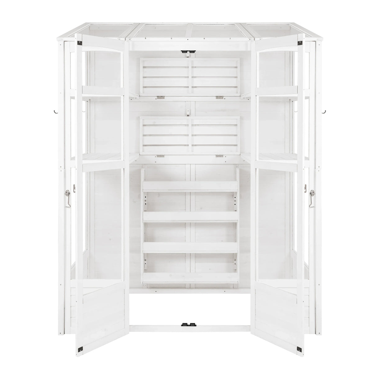 Victorian-style white greenhouse with double doors, wooden shelves, and slatted design, ideal for plants and gardening storage