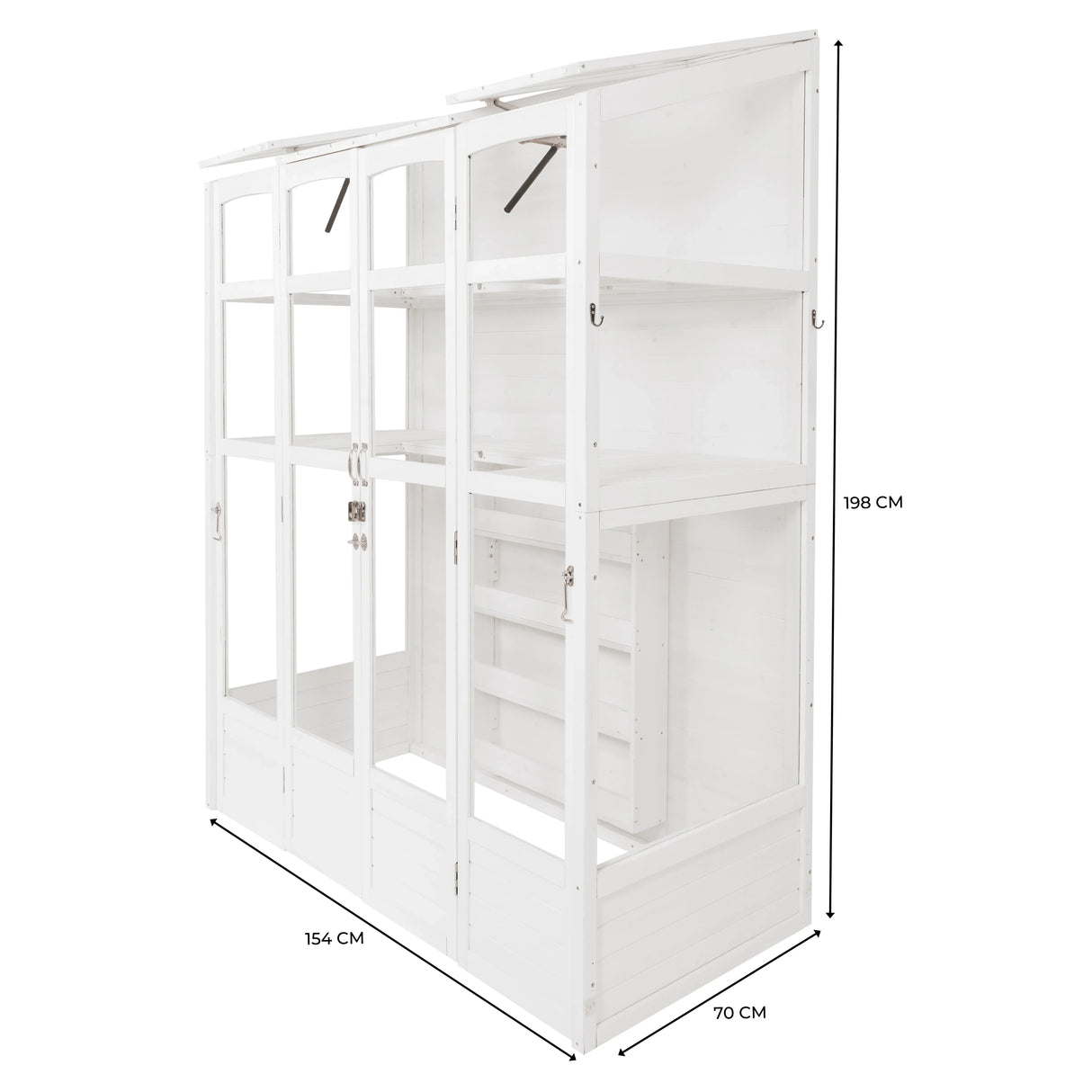 Victorian-style white greenhouse with multiple glass panels, shelves, and a sloped roof, ideal for plants and gardening enthusiasts
