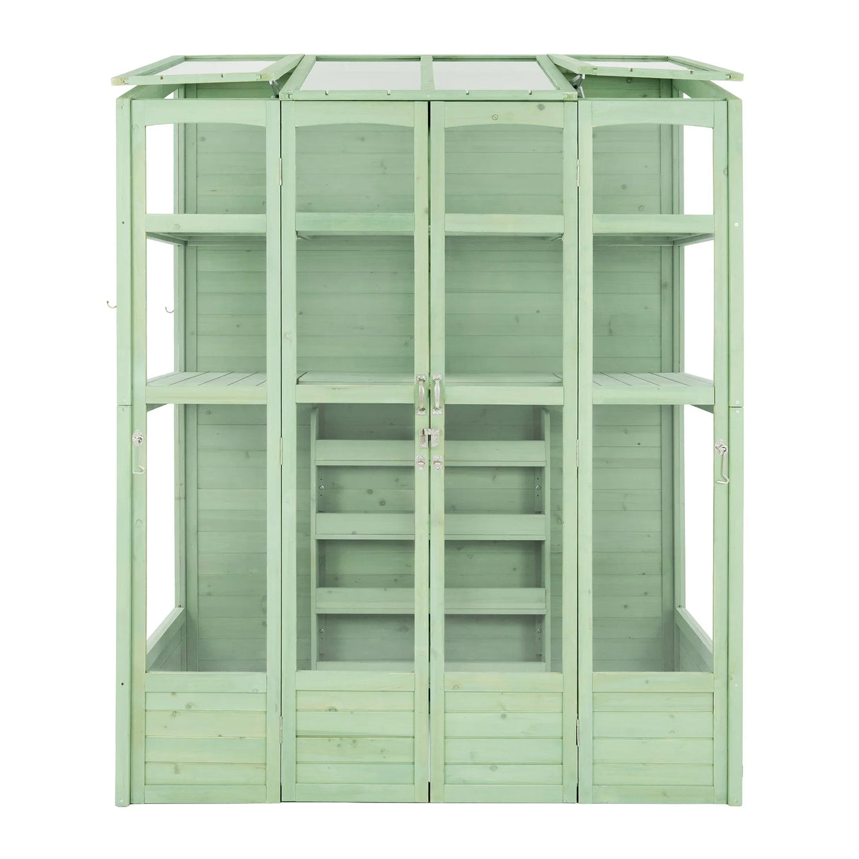 Victorian-style greenhouse in a soft green hue, featuring wooden panels, glass windows, and multiple shelves for plants