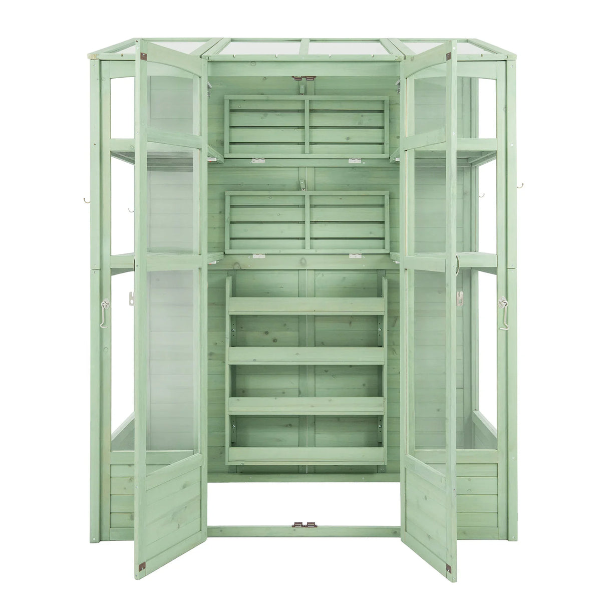 Victorian greenhouse in soft green, featuring wooden shelves, glass panels, and multiple doors for easy access and ventilation