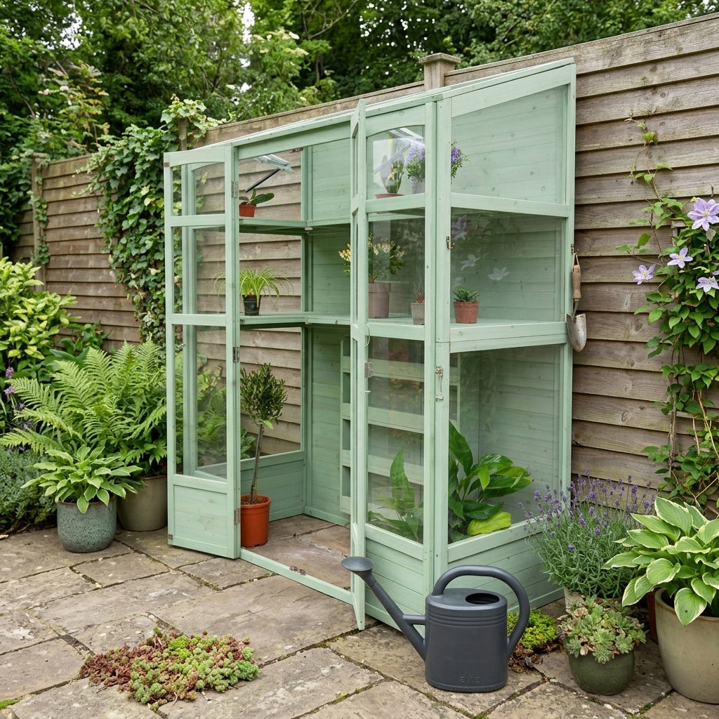 Victorian greenhouse in soft green, featuring glass panels, potted plants, and a watering can, set against a lush garden backdrop