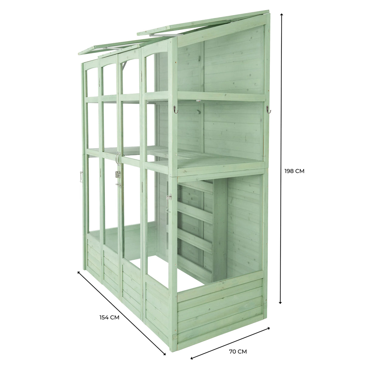 Victorian-style greenhouse in soft green wood, featuring multiple shelves, large glass panels, and a spacious design for plants