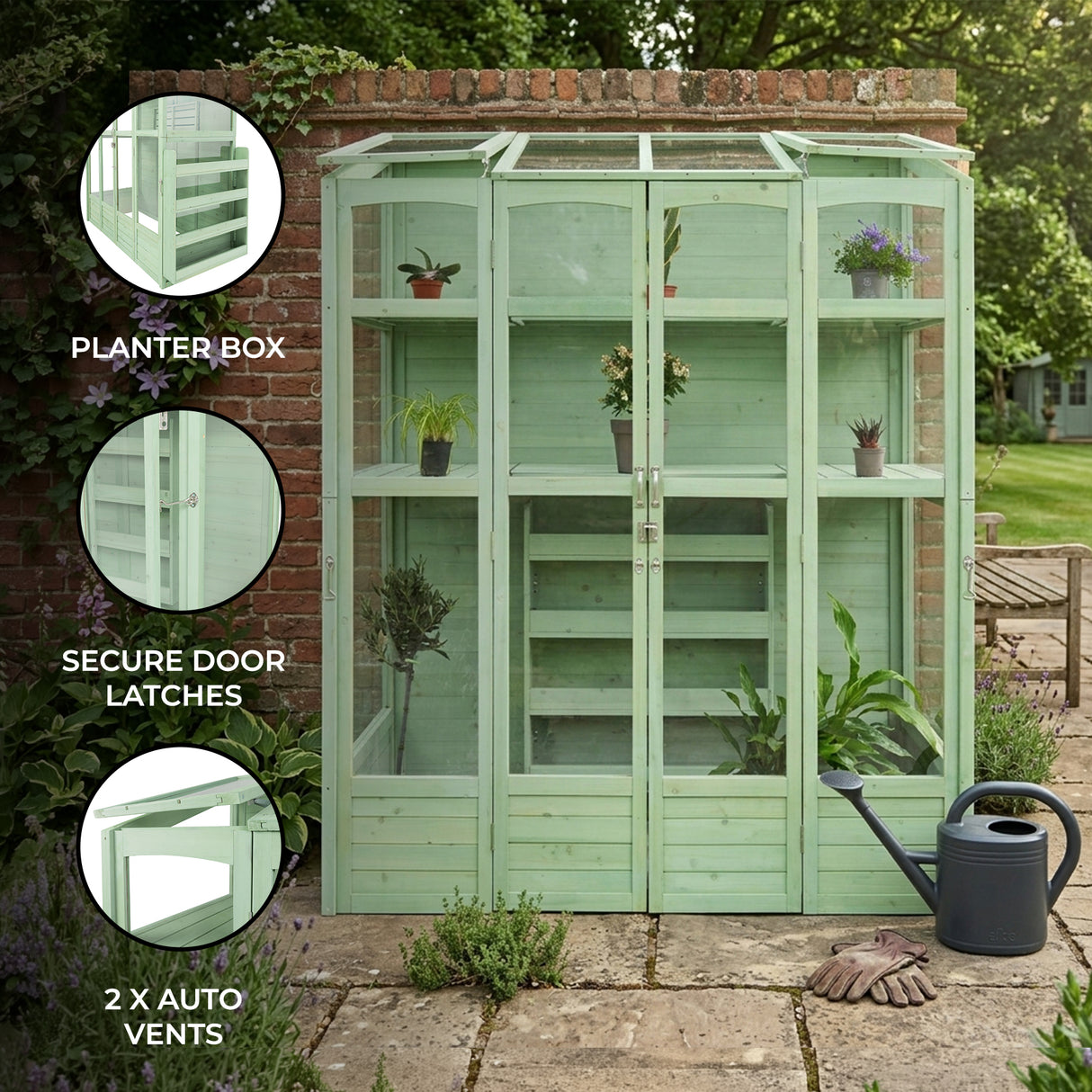 Victorian greenhouse in green wood with glass panels, featuring a planter box, secure door latches, and two auto vents