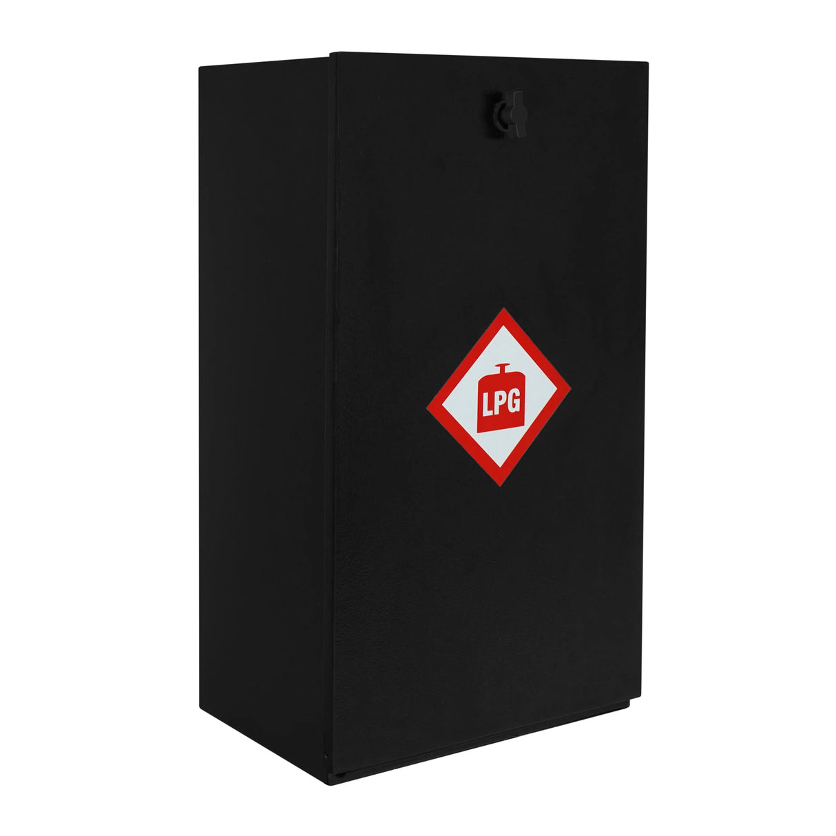 Black gas bottle locker designed for 6kg bottles, featuring a red LPG warning label and a secure locking mechanism for safety