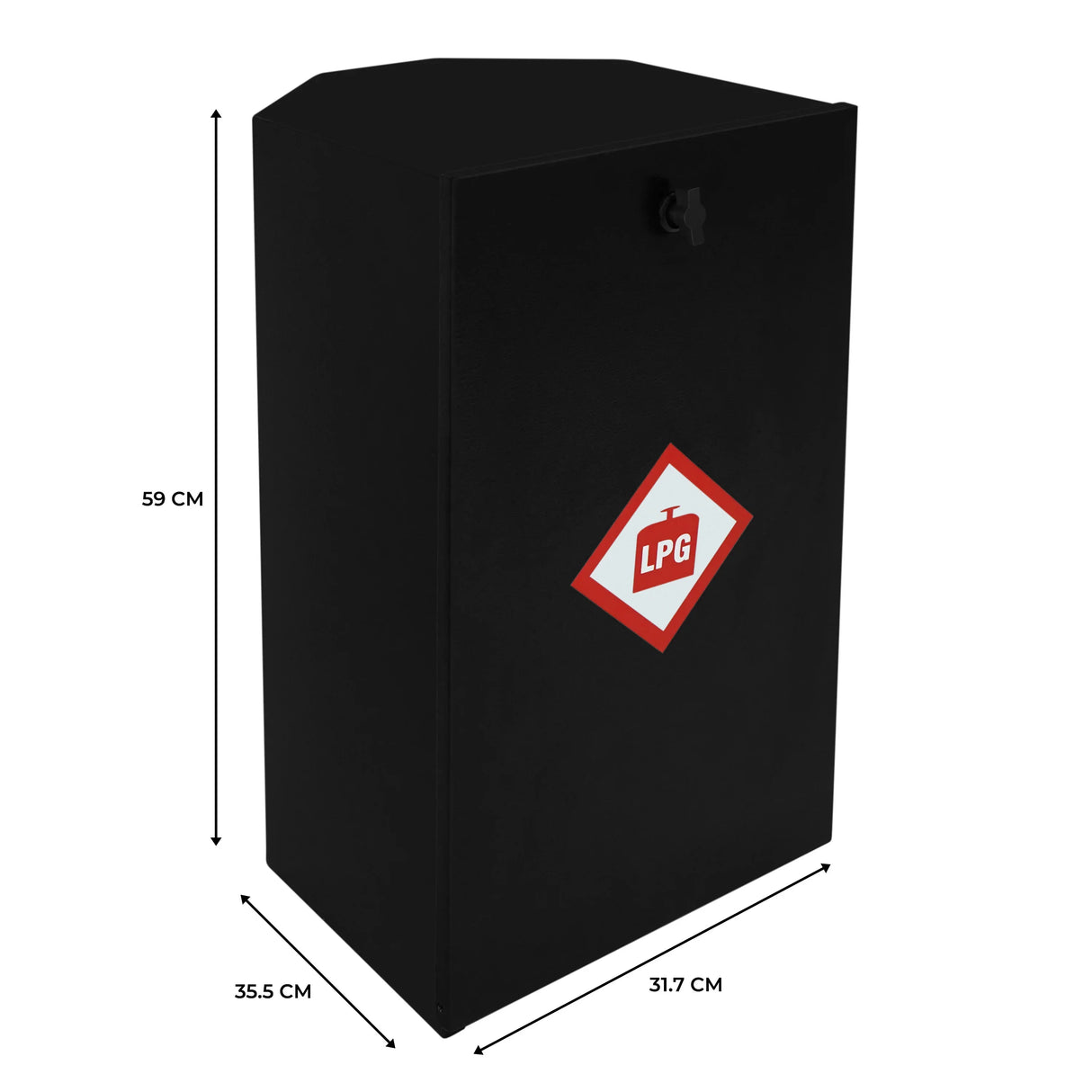 Black gas bottle locker for 6kg LPG cylinders, featuring a warning label, dimensions 59 cm height, 35.5 cm width, 31.7 cm depth