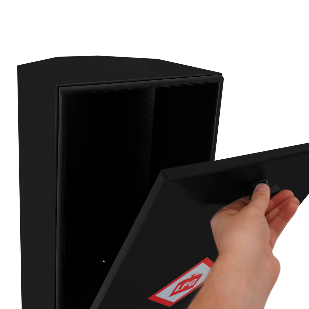 Black gas bottle locker with a hinged door, designed for securely storing 6kg LPG bottles, featuring a smooth finish and safety label