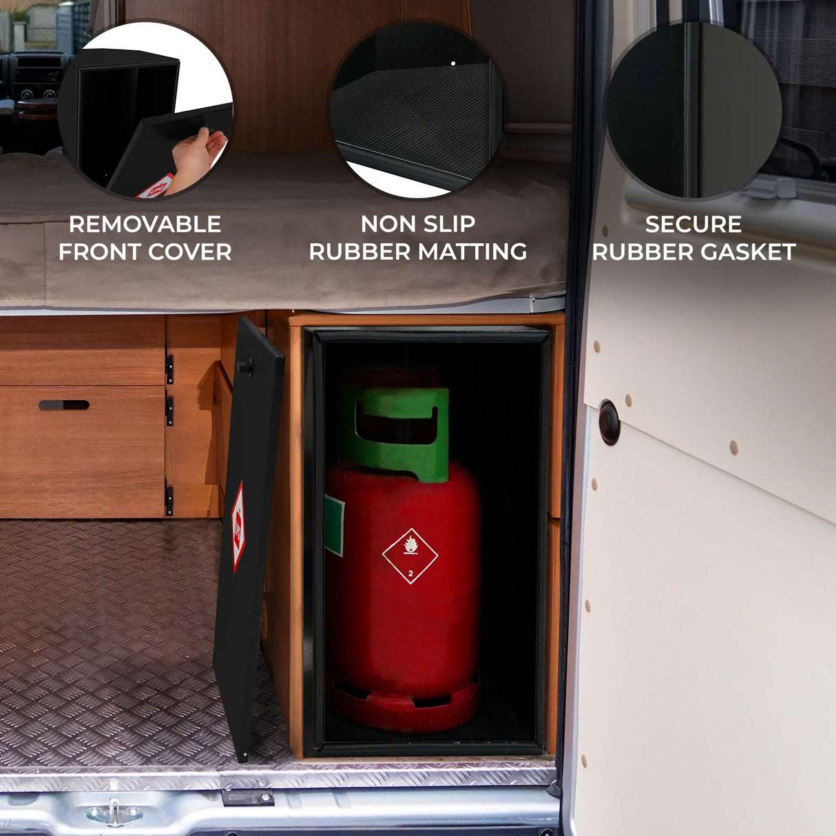 Gas bottle locker designed for 6kg bottles, featuring a removable front cover, non-slip rubber matting, and secure rubber gasket for safety