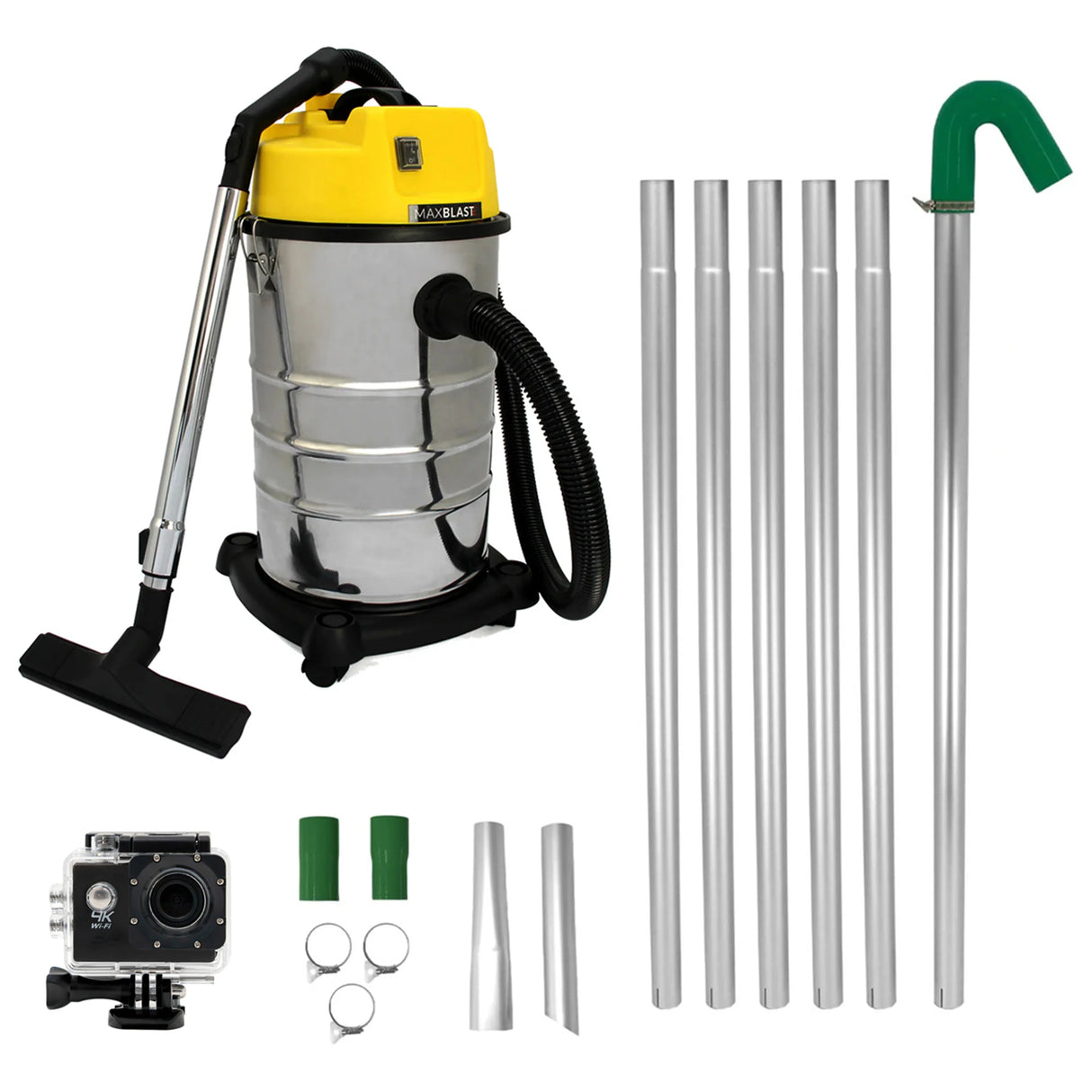 30L wet and dry vacuum with stainless steel body, yellow top, flexible hose, gutter vacuum poles, and attached camera for easy cleaning
