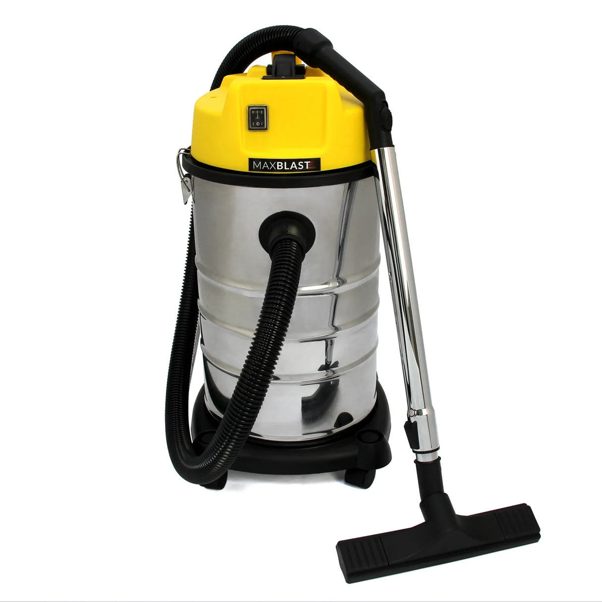 30L wet and dry vacuum with a shiny stainless steel body, yellow top, flexible hose, and sturdy black wheels for easy mobility