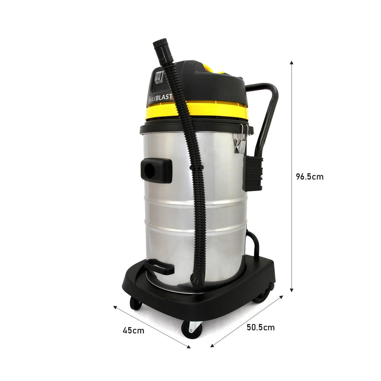 60L wet and dry vacuum with a stainless steel body, yellow accents, flexible hose, and sturdy wheels for easy mobility