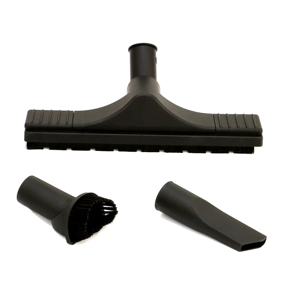 Black vacuum attachments including a wide brush head and two nozzles for cleaning with the 60L Wet & Dry Vacuum system
