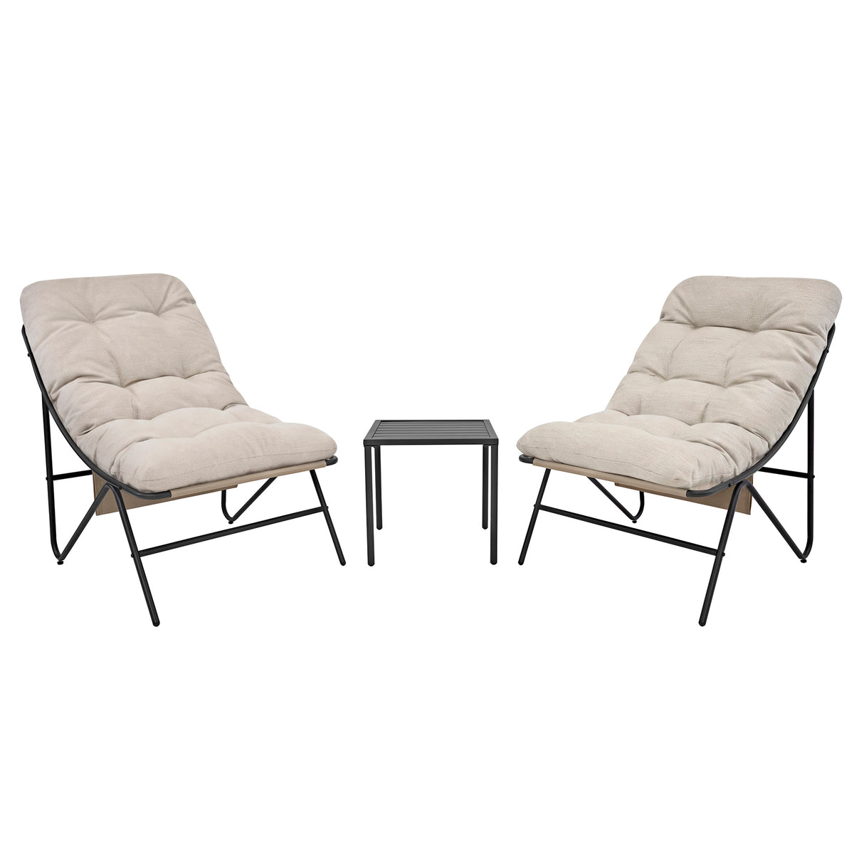 Stylish 3 piece bistro set featuring two cream cushioned chairs with black metal frames and a sleek black glass-top table