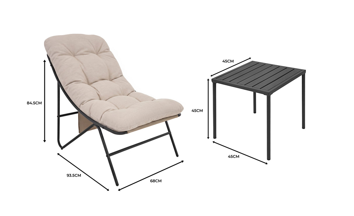 Grey and cream 3-piece bistro set featuring a plush, tufted lounge chair and a sleek, modern side table with a slatted top