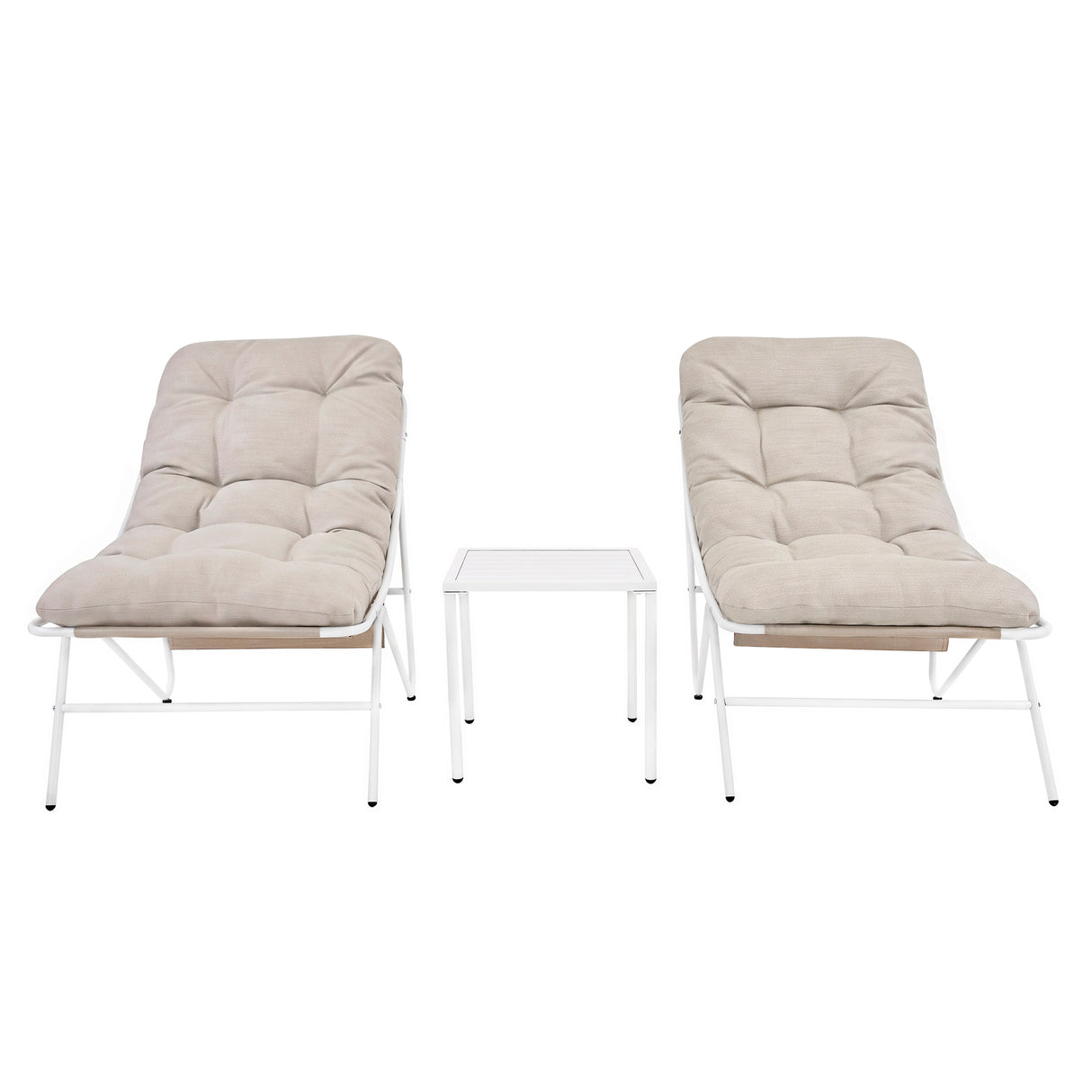 Cream-colored cushions on two lounge chairs with a sleek, white metal frame and a matching glass-top table in between