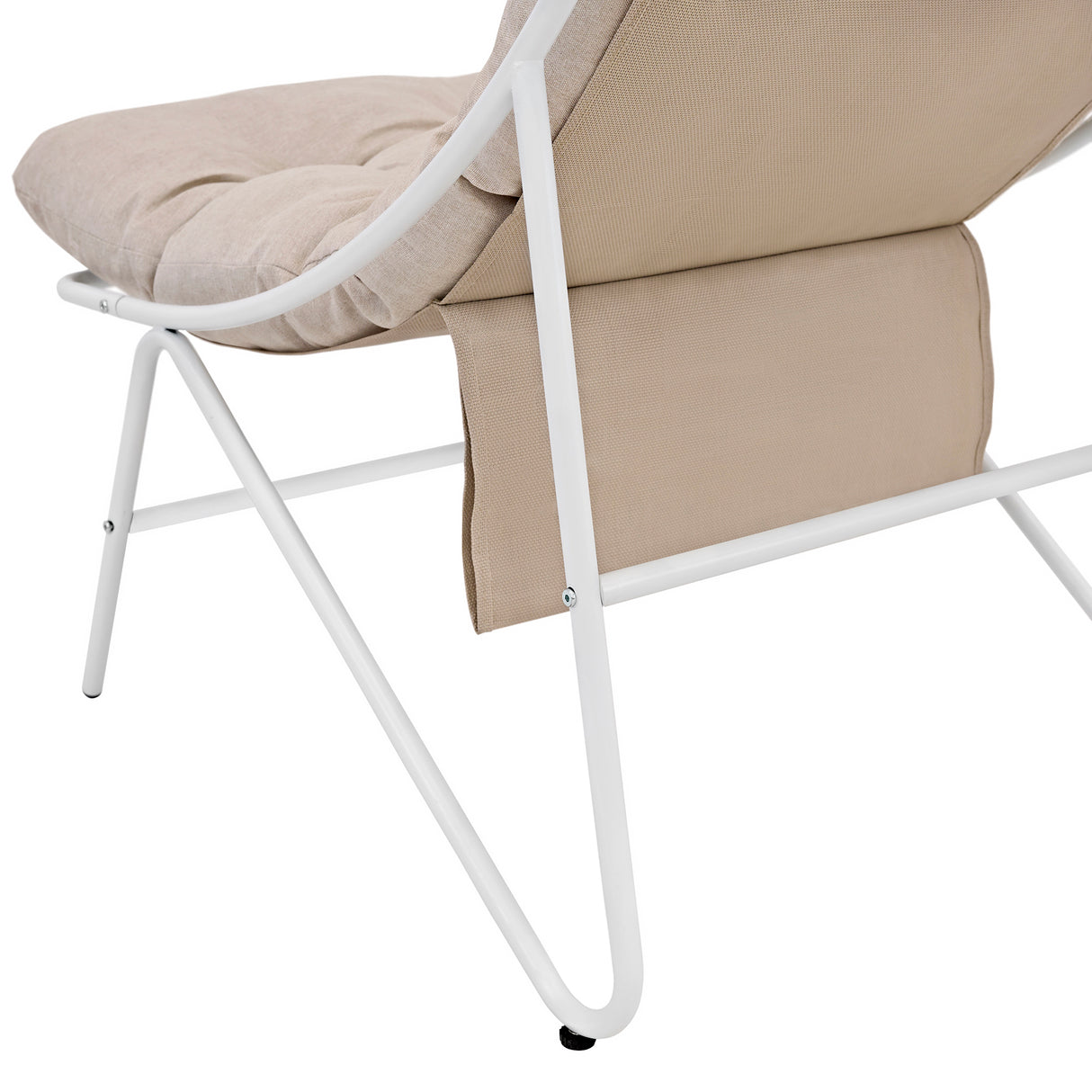 Cream-colored cushioned bistro chair with a sleek white metal frame, featuring a modern design and soft, textured upholstery