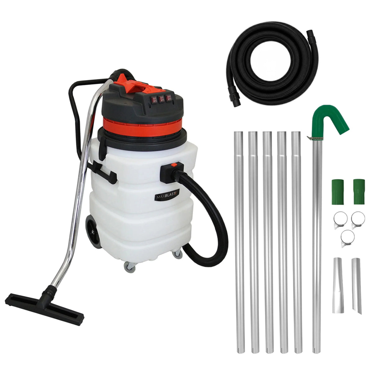 90L wet and dry vacuum with gutter vacuum poles, 5m hose, featuring a sturdy white tank, black wheels, and red accents