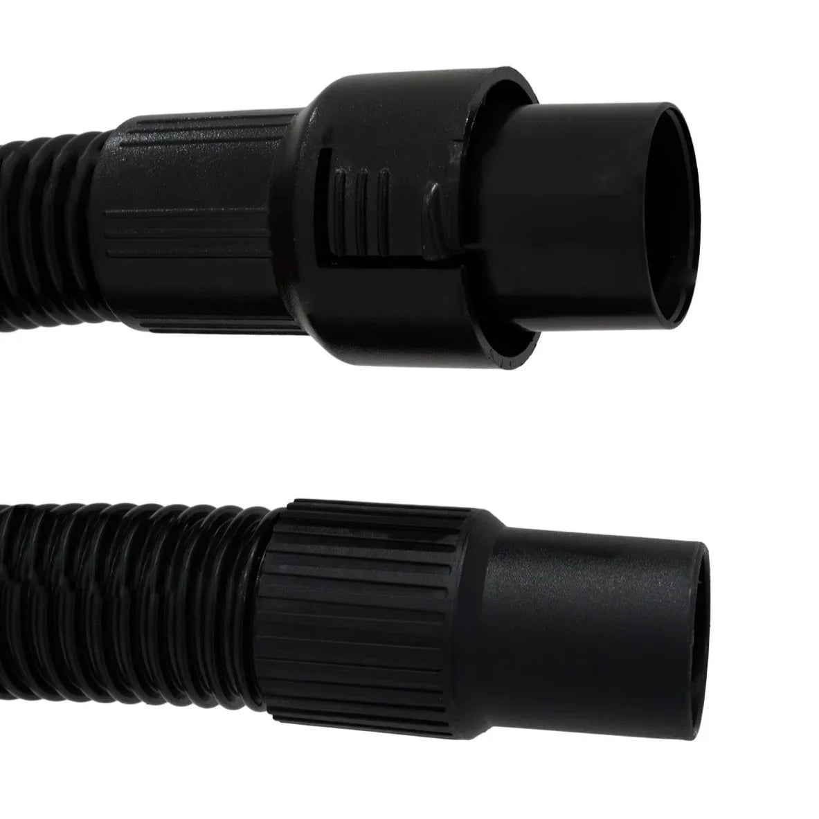 Black flexible vacuum hose connectors for a 90L wet and dry vacuum, featuring ribbed texture for secure attachment and durability