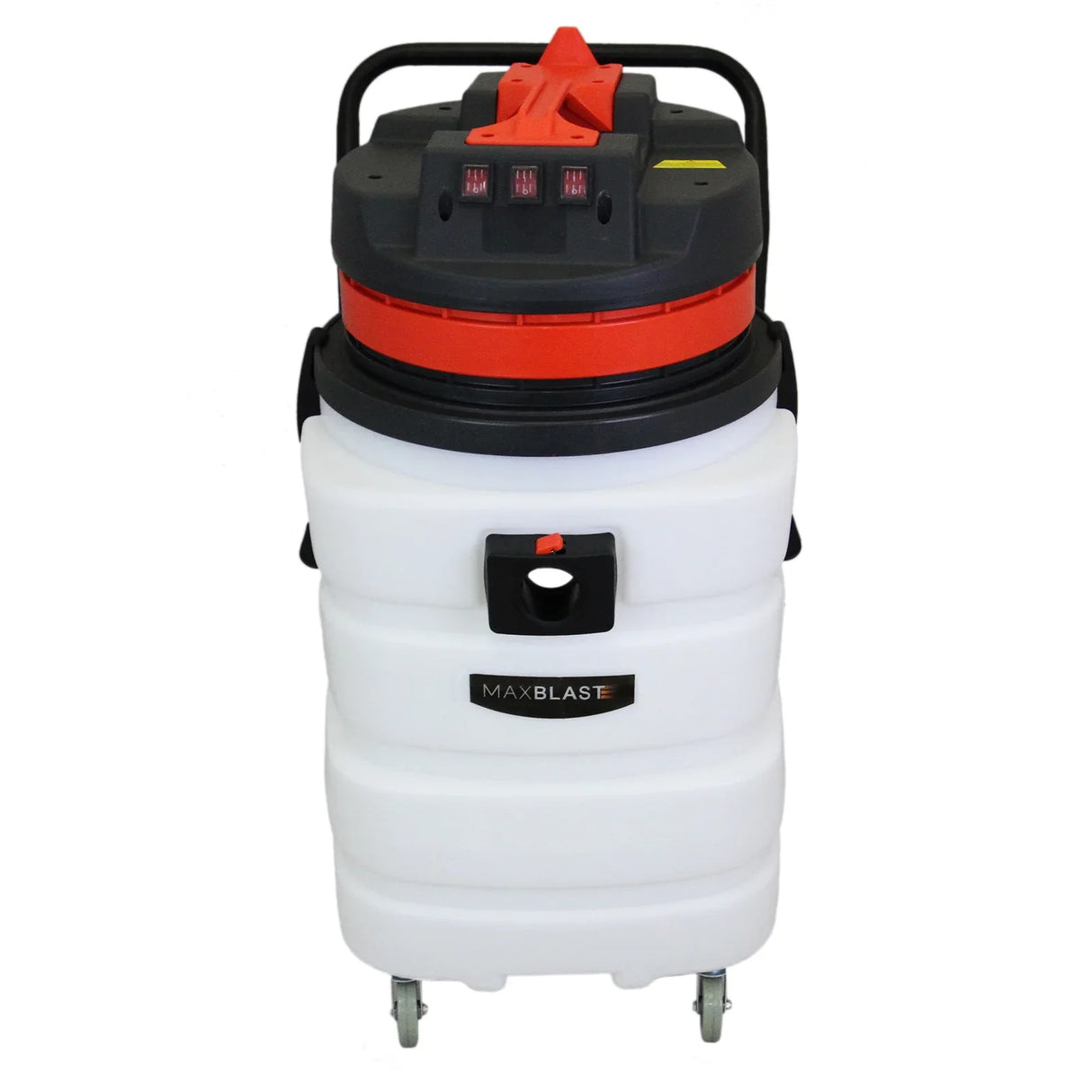 90L wet and dry vacuum with a sturdy white body, red accents, and a top handle, featuring three indicator lights and wheels for mobility