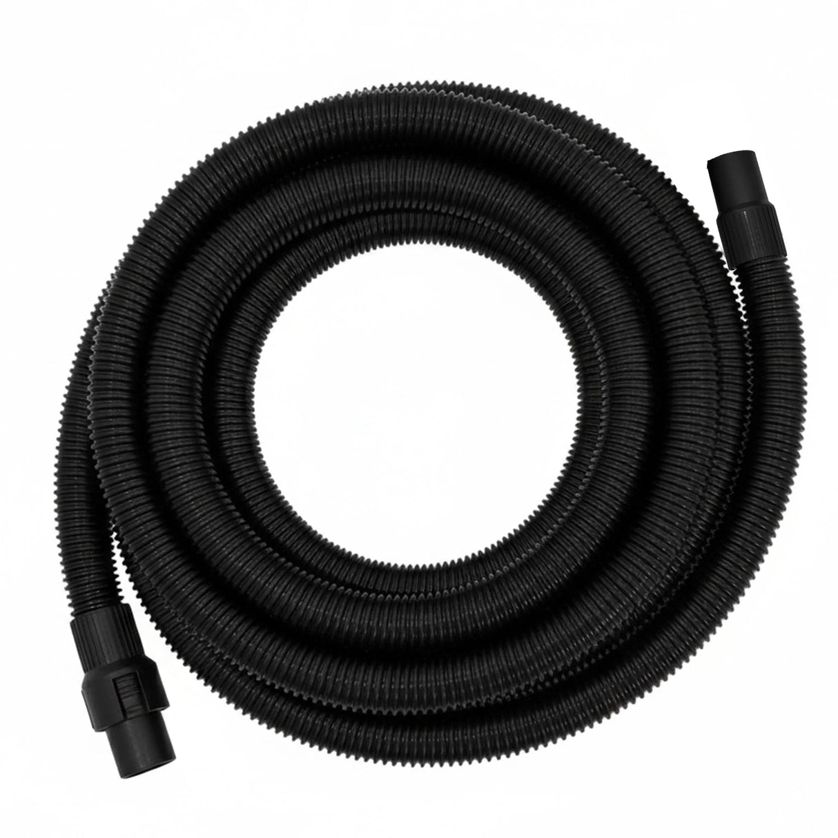 Flexible 5m black hose for 90L wet and dry vacuum, featuring ribbed texture for enhanced grip and durability in various cleaning tasks