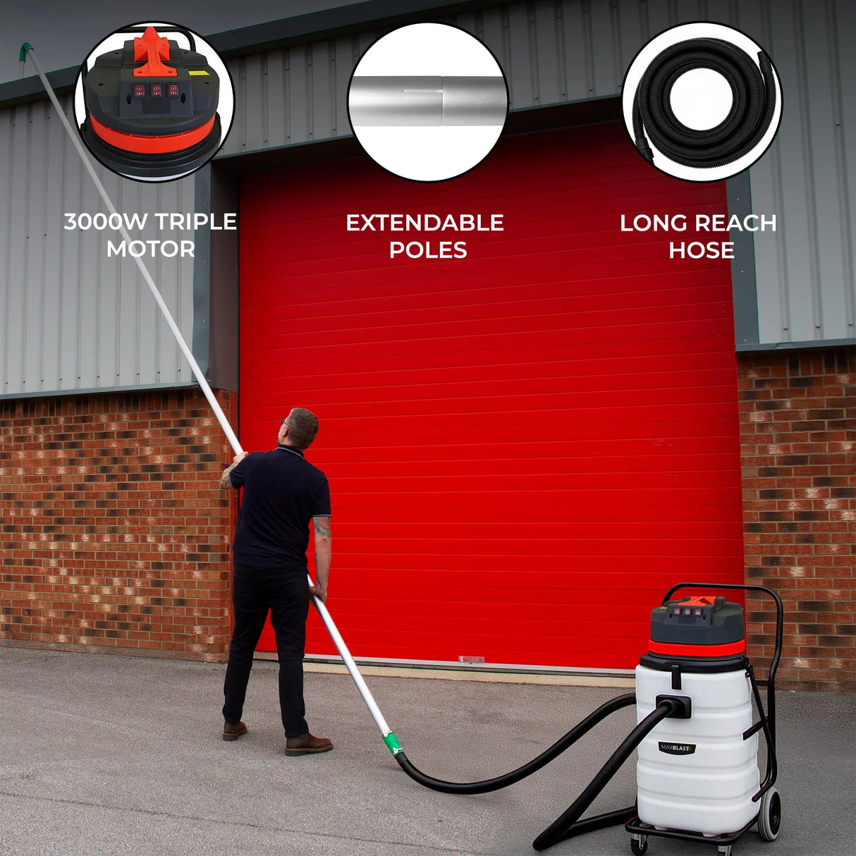 90L wet and dry vacuum with extendable poles, 5m hose, and powerful 3000W motor, ideal for cleaning gutters and large areas