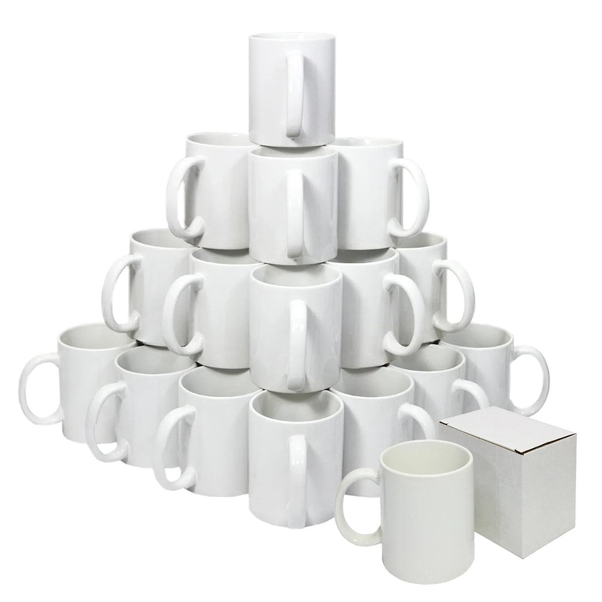 Stacked pyramid of plain white ceramic mugs with one mug and a white box in front.