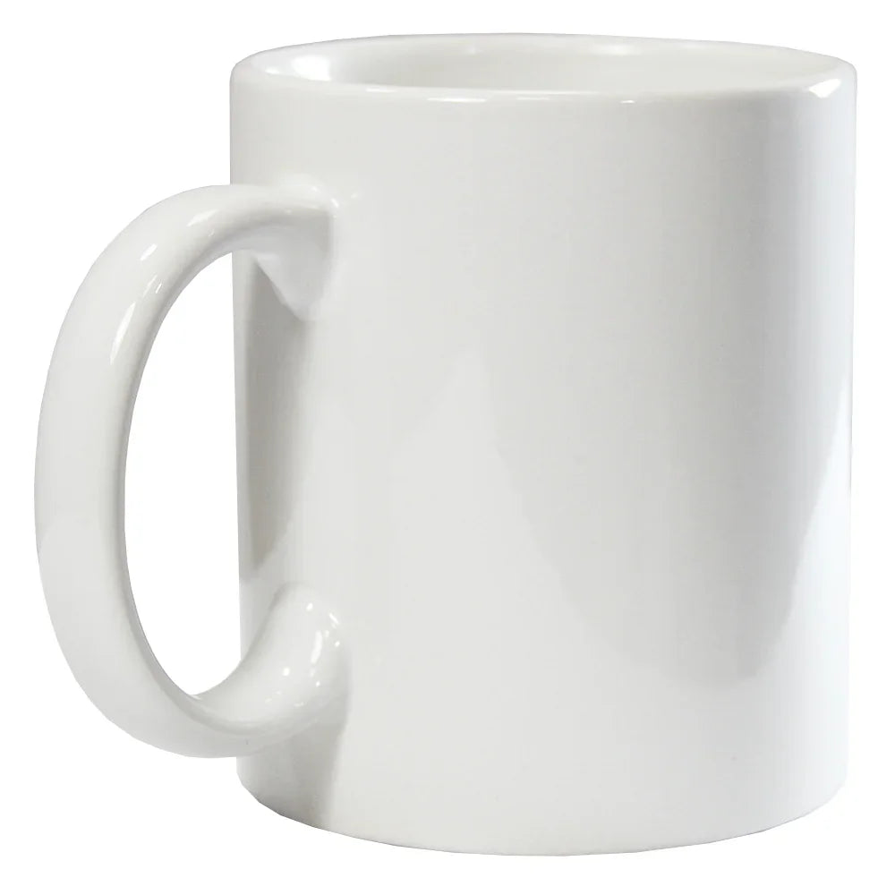 Glossy white ceramic mug with a large handle and smooth surface.