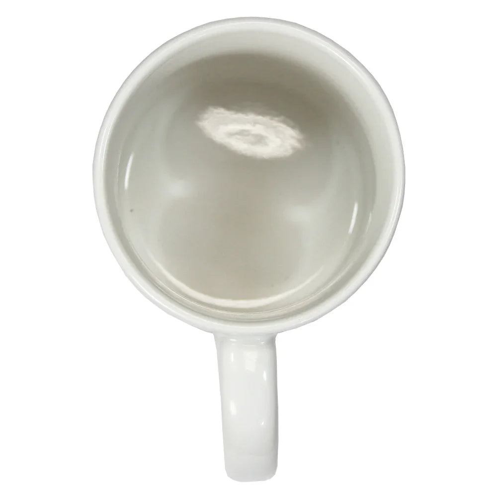 White ceramic mug with smooth interior and curved handle shown from top view.
