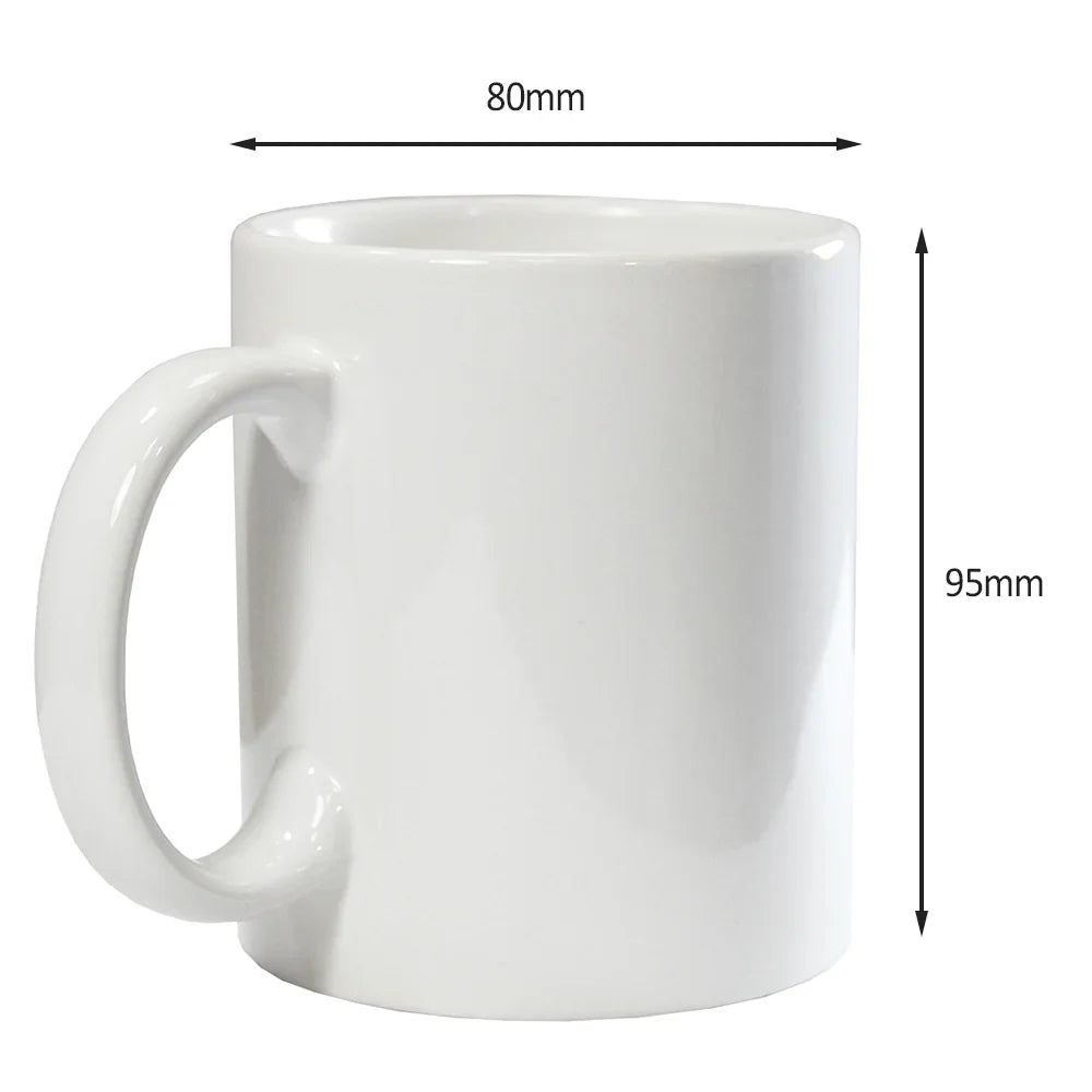 White ceramic mug with smooth surface, 95mm tall and 80mm wide, large rounded handle.