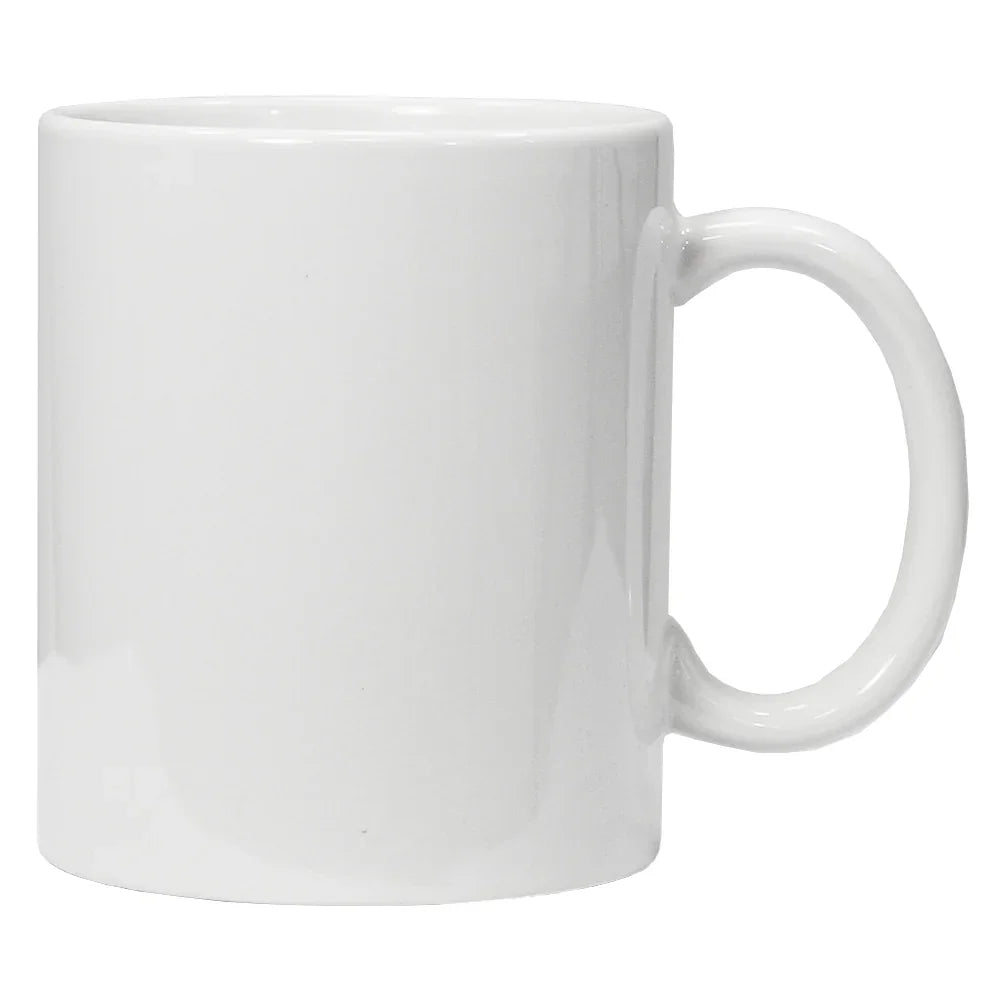 Glossy white ceramic mug with a classic C-shaped handle on the right side.