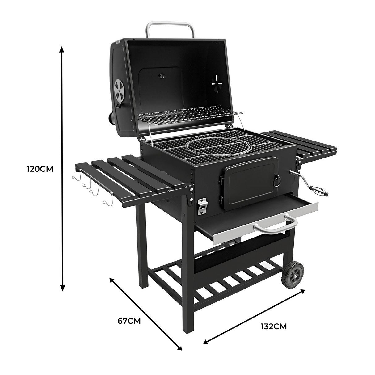XL BBQ smoker grill with a black finish, spacious cooking area, side shelves, and sturdy wheels for easy mobility, measuring 120cm tall