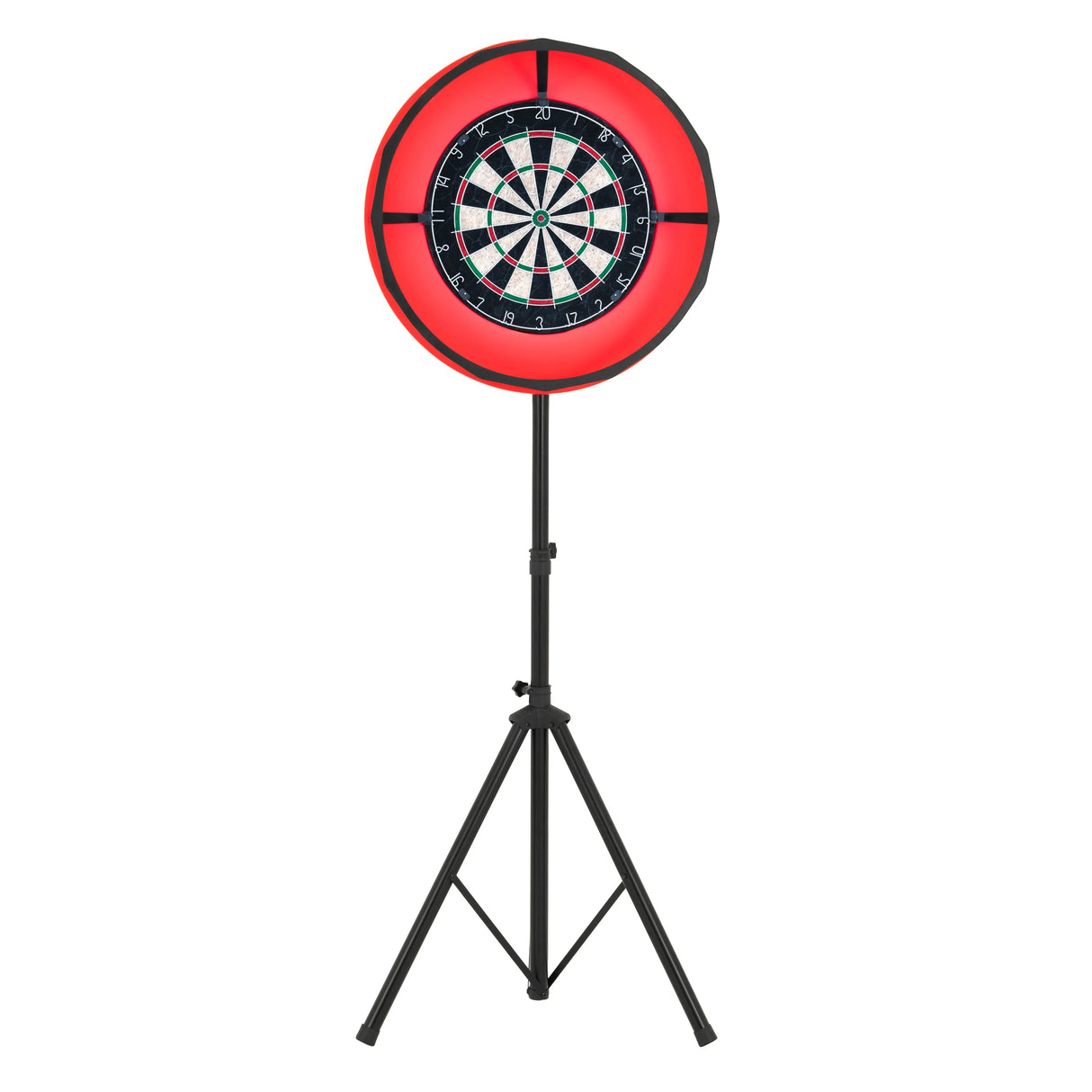 7-In-1 grey games table featuring a vibrant red LED-lit dartboard on a sturdy black tripod stand, perfect for game nights