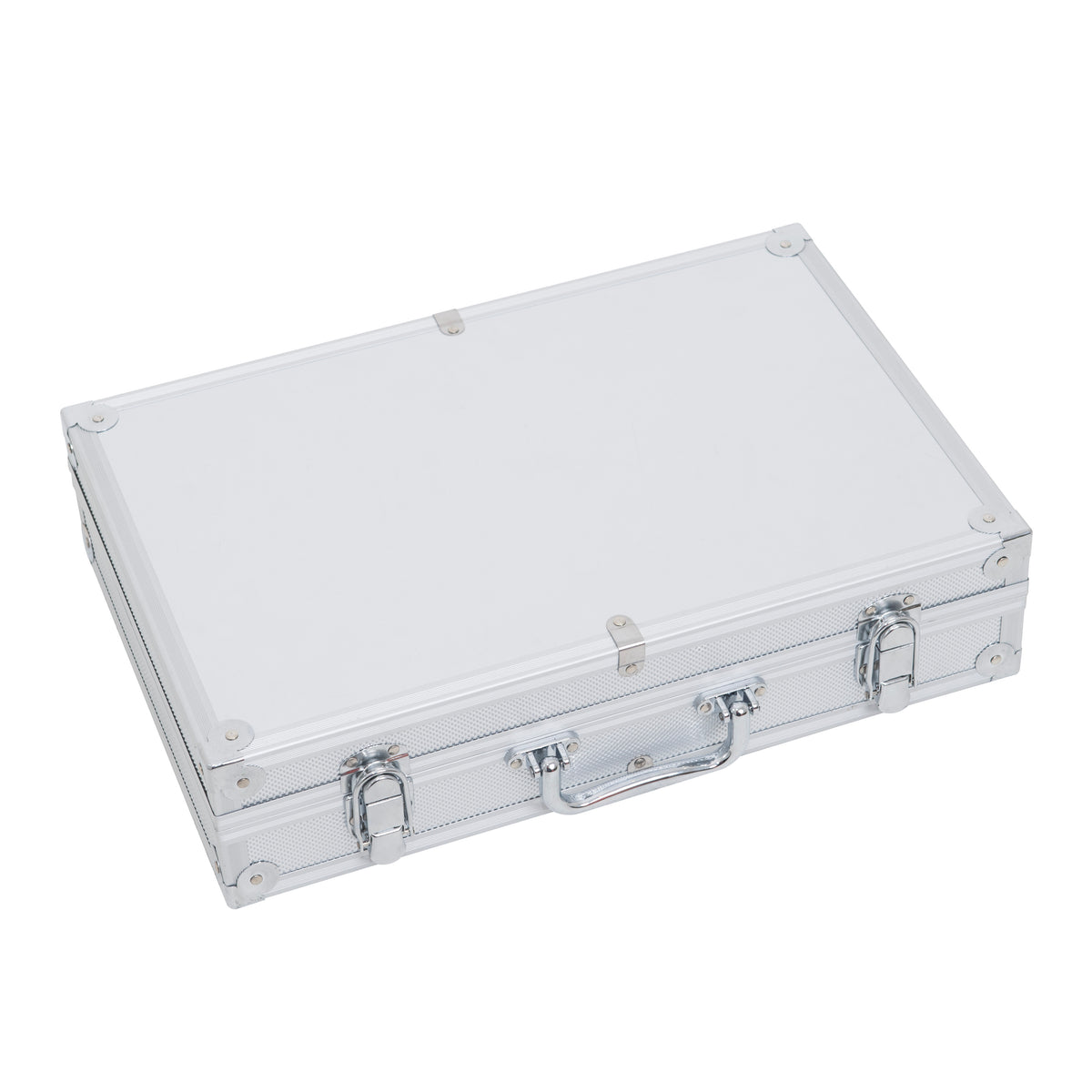 Sleek silver aluminum case with a sturdy handle, featuring a smooth surface and reinforced corners for durability and protection