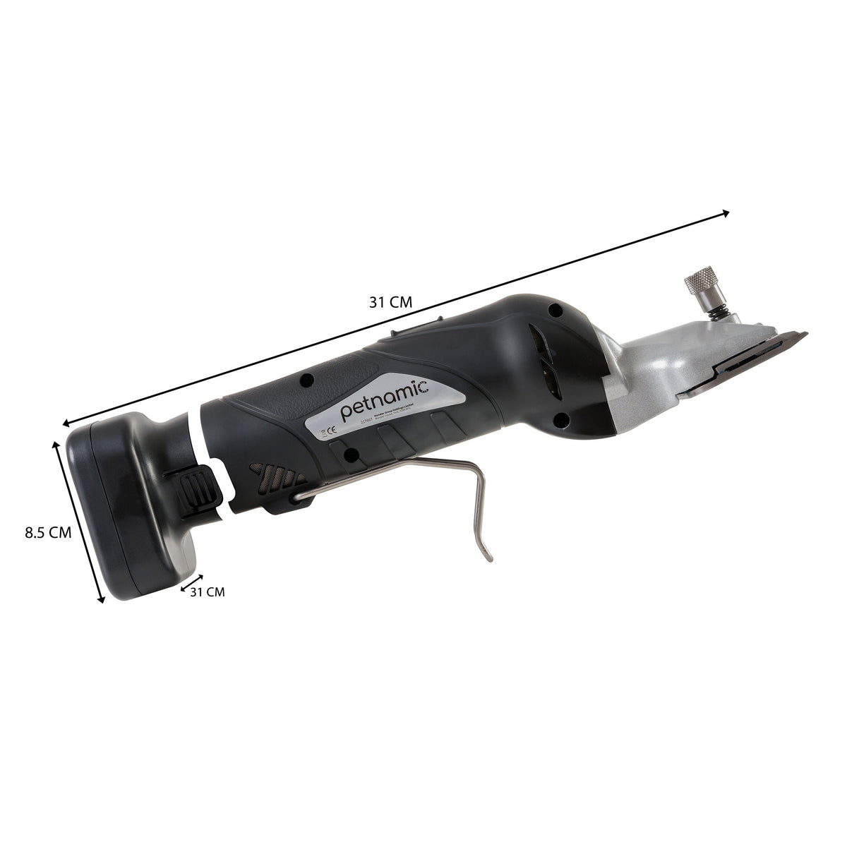 Cordless horse clippers in sleek black and silver design, featuring ergonomic grip, adjustable blade, and compact size for easy handling