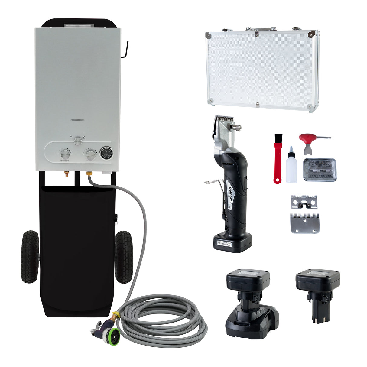 Deluxe black horse shower system with cordless clippers, hose, and accessories, featuring sleek design and durable materials