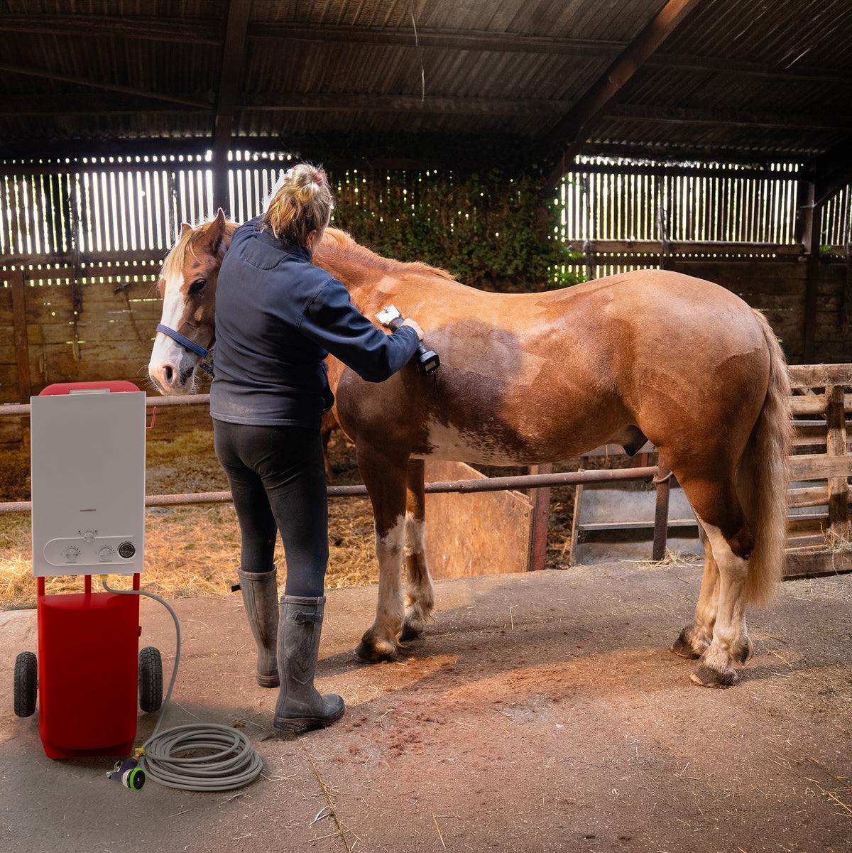 Deluxe red horse shower with cordless clippers, featuring a person grooming a brown horse in a rustic barn setting