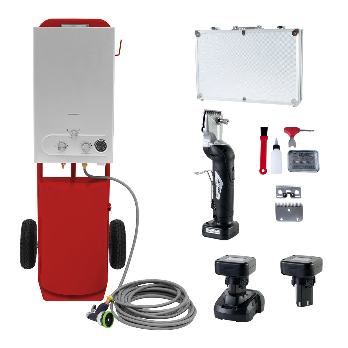 Deluxe red horse shower with cordless clippers, hoses, and accessories, featuring a sleek design and durable materials for grooming efficiency