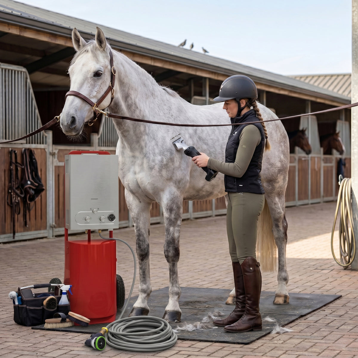 Deluxe red horse shower with cordless clippers, a rider grooming a gray horse in a stable, surrounded by grooming tools and hoses