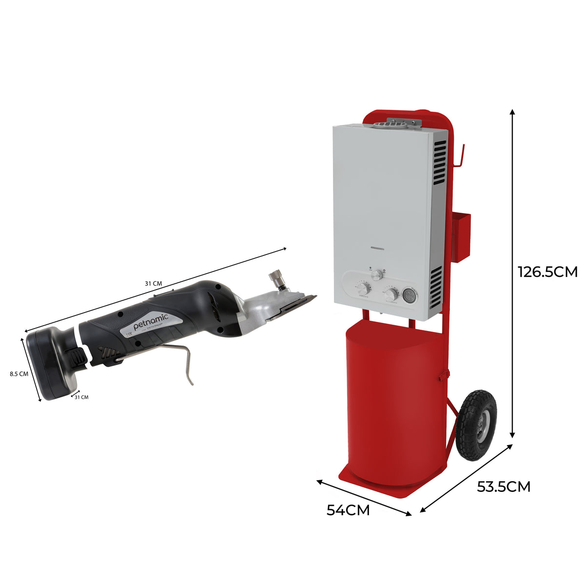 Deluxe red horse shower and cordless clippers, featuring a sleek design, durable materials, and dimensions for easy use and transport