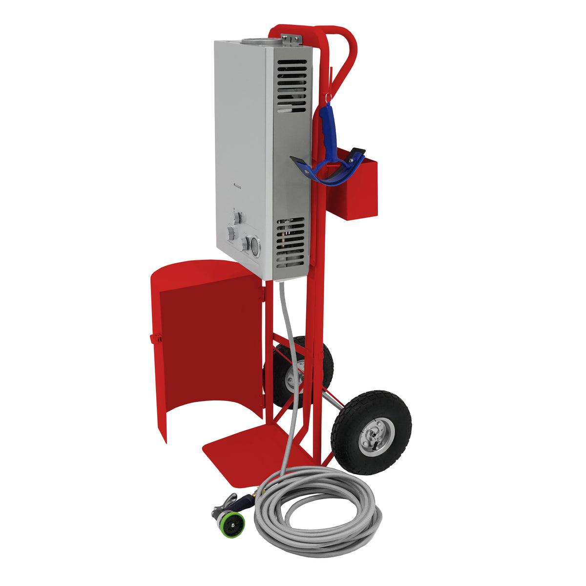 Deluxe red horse shower with cordless clippers, featuring a sturdy cart, hose, and easy-to-use controls for efficient grooming