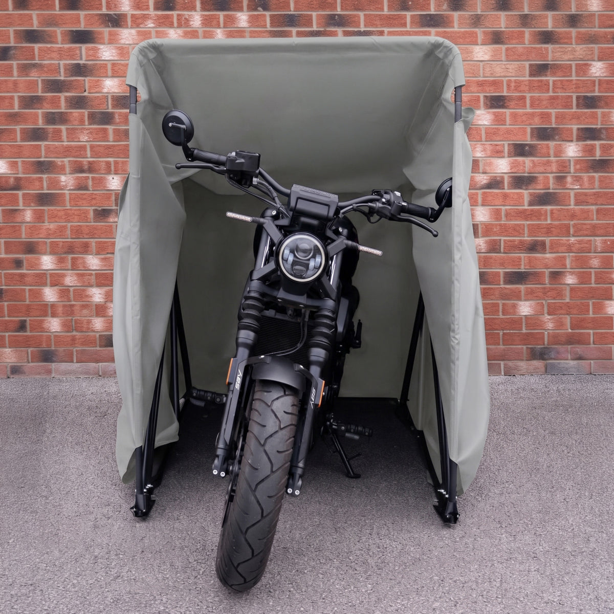 XL grey motorbike tent featuring a sturdy frame, waterproof fabric, and spacious design for protecting motorcycles from weather elements