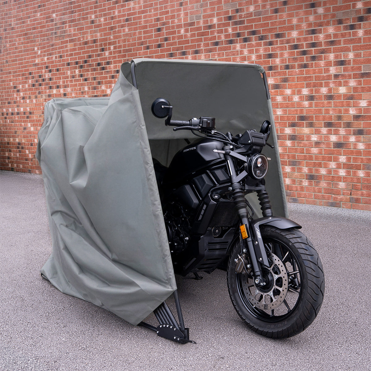 Grey XL motorbike tent with a sleek black motorcycle partially covered, featuring a durable, weather-resistant fabric and a modern design